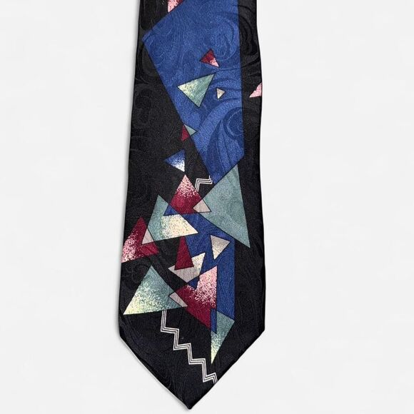 Vintage 80s Lazarus Black and Blue Geometric Tie - Picture 2 of 7